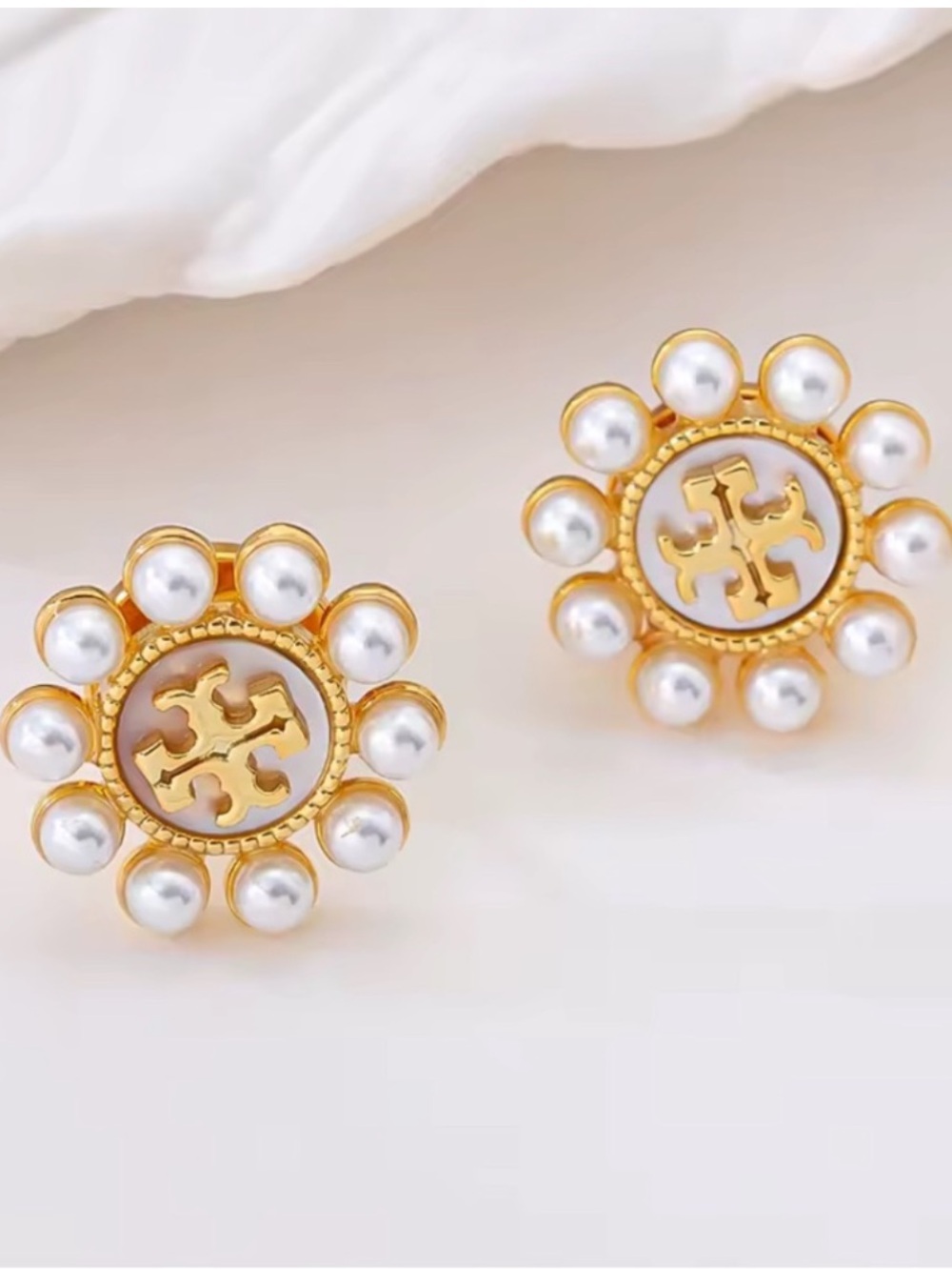 Tory Burch Gold-Tone Pearl Cluster Logo Button Earrings